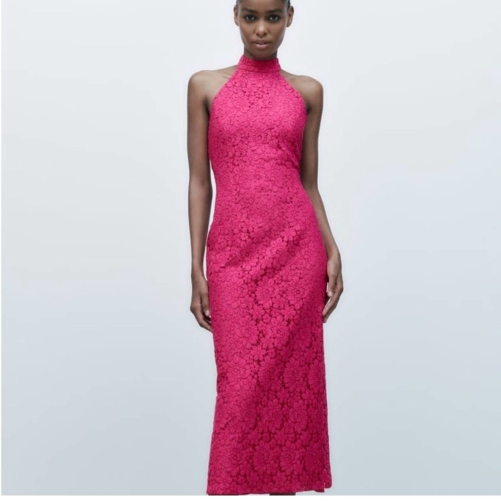 Zara Elegant Pink Lace Halter Dress